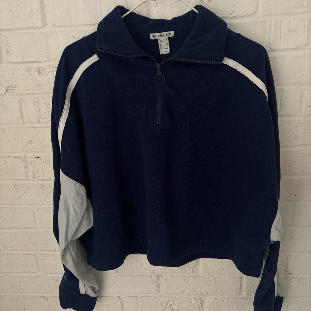 Forever 21 Navy and Light Gray Cropped Half-Zip Pullover